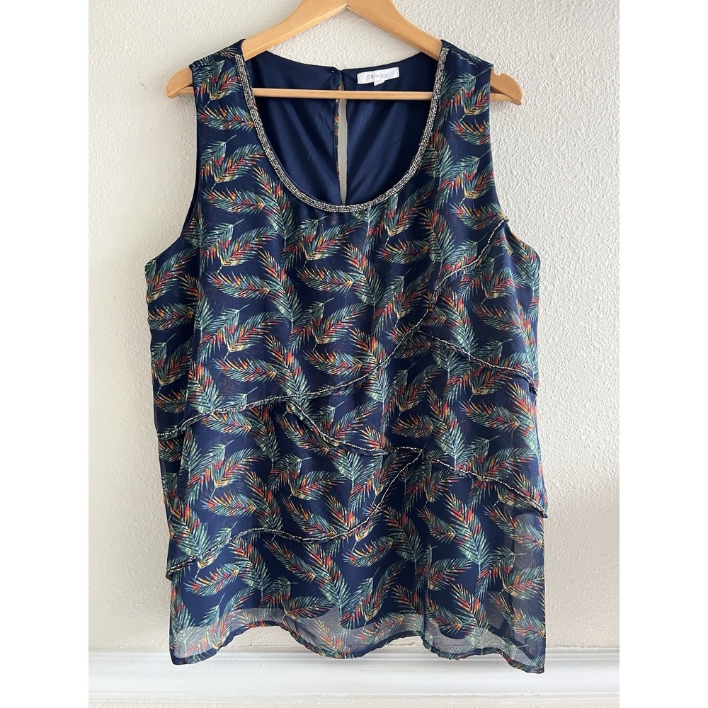 Paprika Tiered Leaf Print Multicolor Embellish Sequined Top XL/2XL Boho Festival
